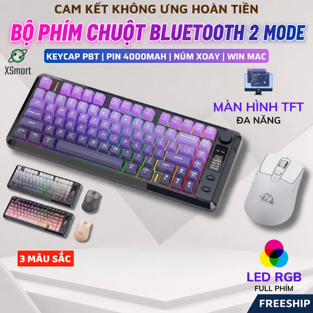 Bộ Bàn Phím Và Chuột Không Dây Bluetooth FreeWolf M75 LED Có Màn Hình, Pin Sạc Keycap PBT Cho Pc Lap