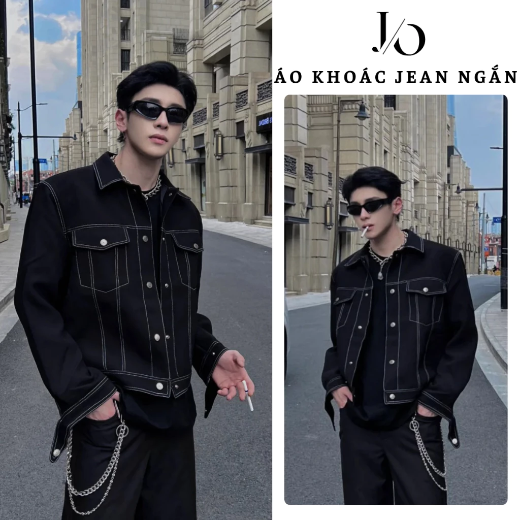 Áo Khoác Jean Nam Croptop Đen Chỉ Nổi Form Suông Rộng Áo Khoác Jean Nam Denim Mềm Phong Cách Năng Động