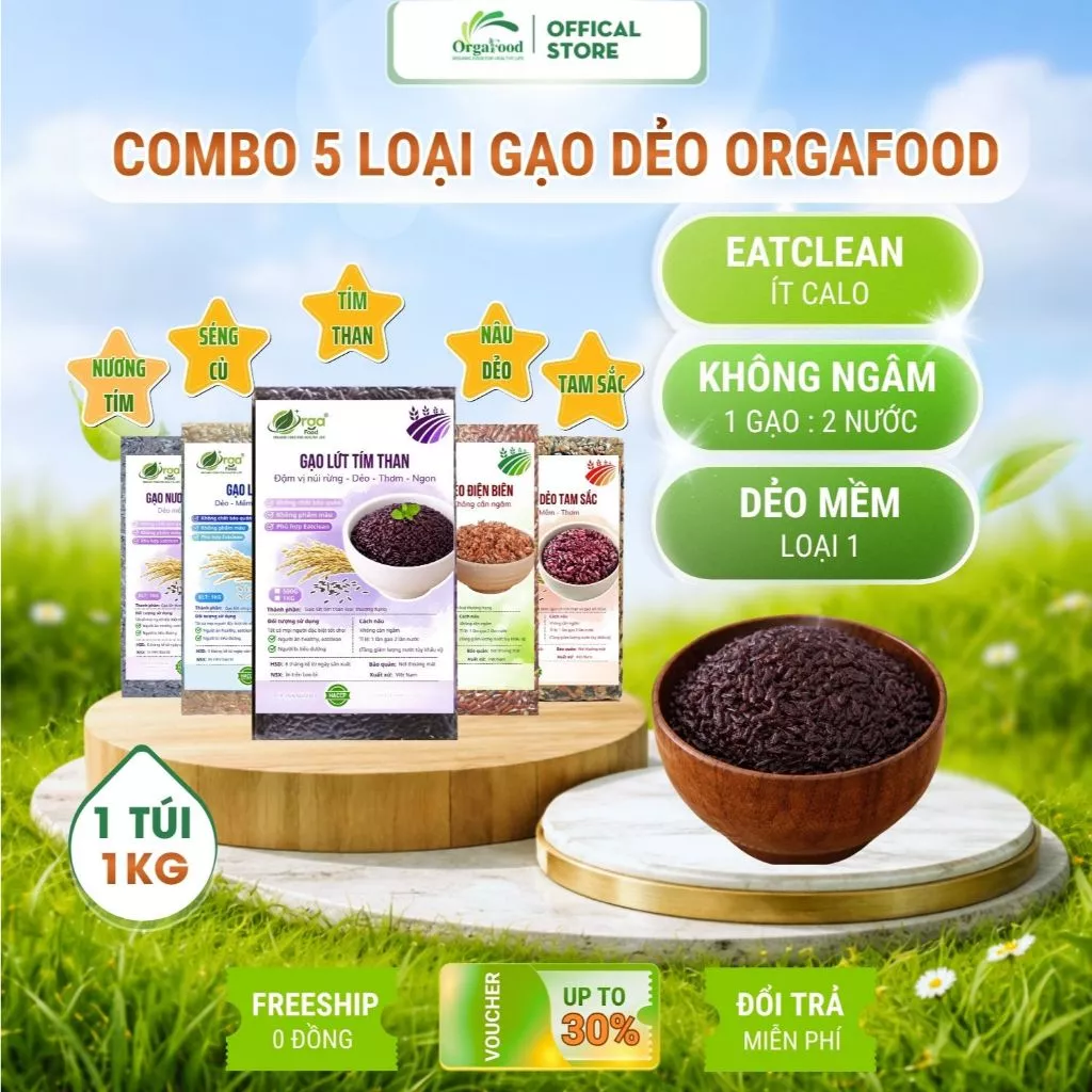 Combo 5 loại gạo lứt dẻo Điện Biên Orgafood, Gạo lứt tím than (đen), gạo nâu dẻo, séng cù, nương tím, không cần ngâm