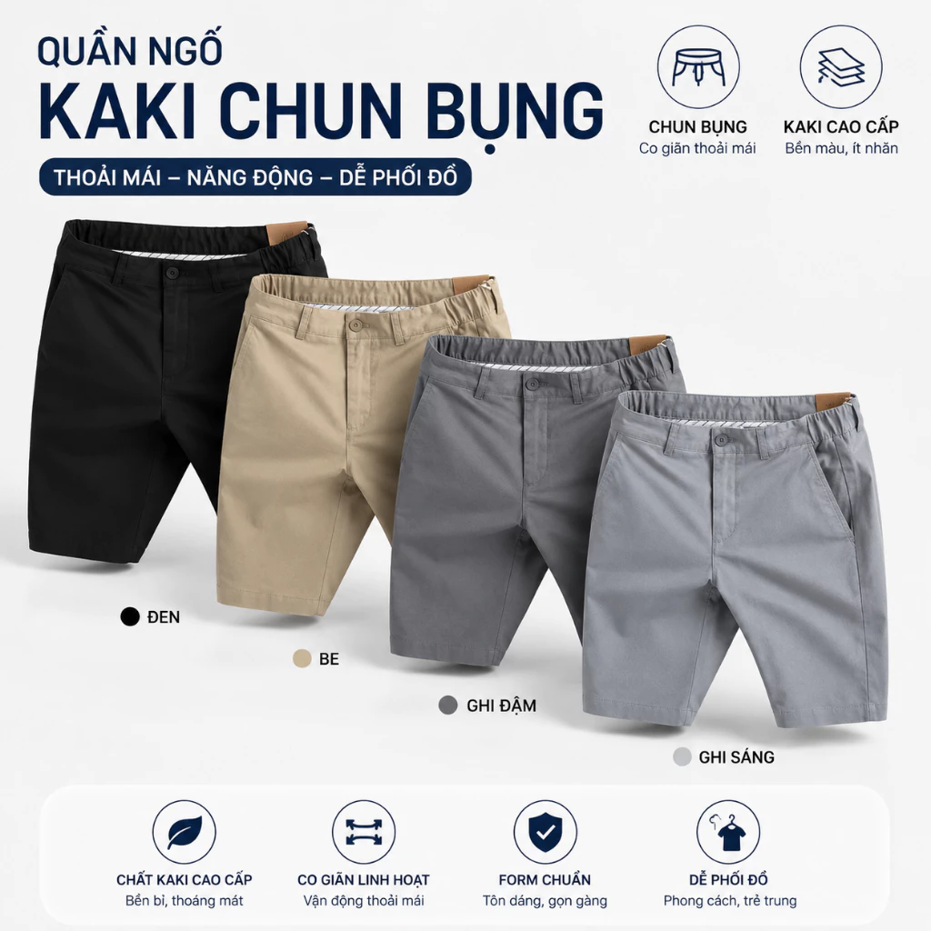 Quần Short Nam Kaki Co Giãn Cao Cấp – Thoáng Mát, Mềm Mịn, 4 Màu Trẻ Trung