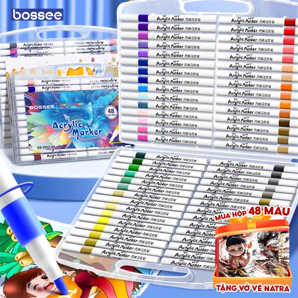 [Tặng Vở] Bộ Màu Acrylic Marker Màu Nước Bossee Vẽ Mọi Chất Liệu Giấy, Vải, Thủy Tinh,.. Bút Đánh Dấu Học Sinh Nhiều Màu