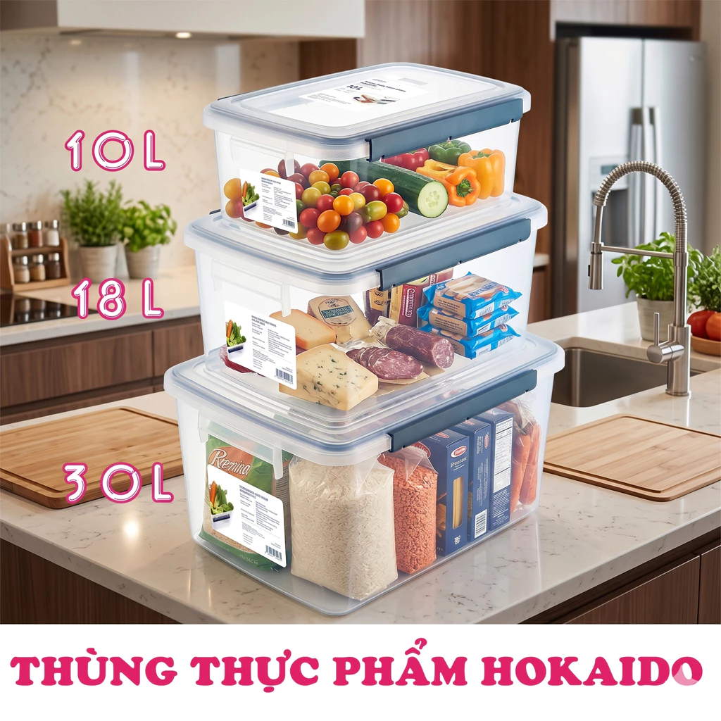 Thùng đựng thực phẩm Hokkaido- Inochi 10_18_30L Hộp đựng thực phẩm inochi, Thùng nhựa đựng đồ có nắp