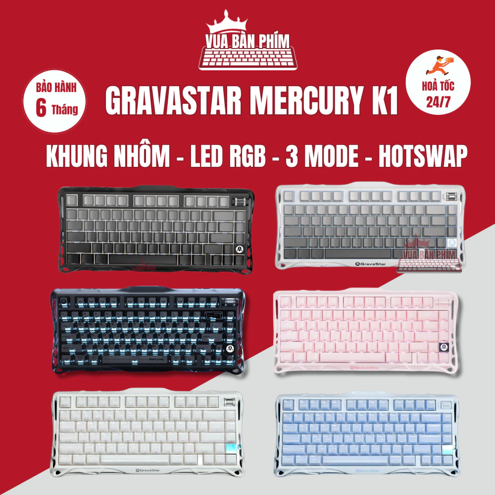 Bàn phím cơ Gravastar Mercury K1 không dây, khung vỏ nhôm, led rgb , hotswap , led viền , thiết kế đẹp mắt , mạch xuôi