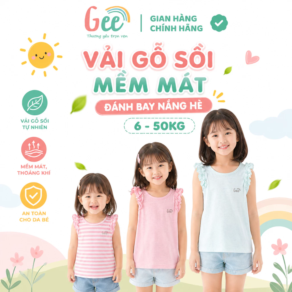 Áo 3 lỗ sát nách bé gái Gee, Áo thun mặc nhà vải gỗ sồi modal mềm mịn, thoáng mát, thấm hút mồ hôi, size 10-50kg