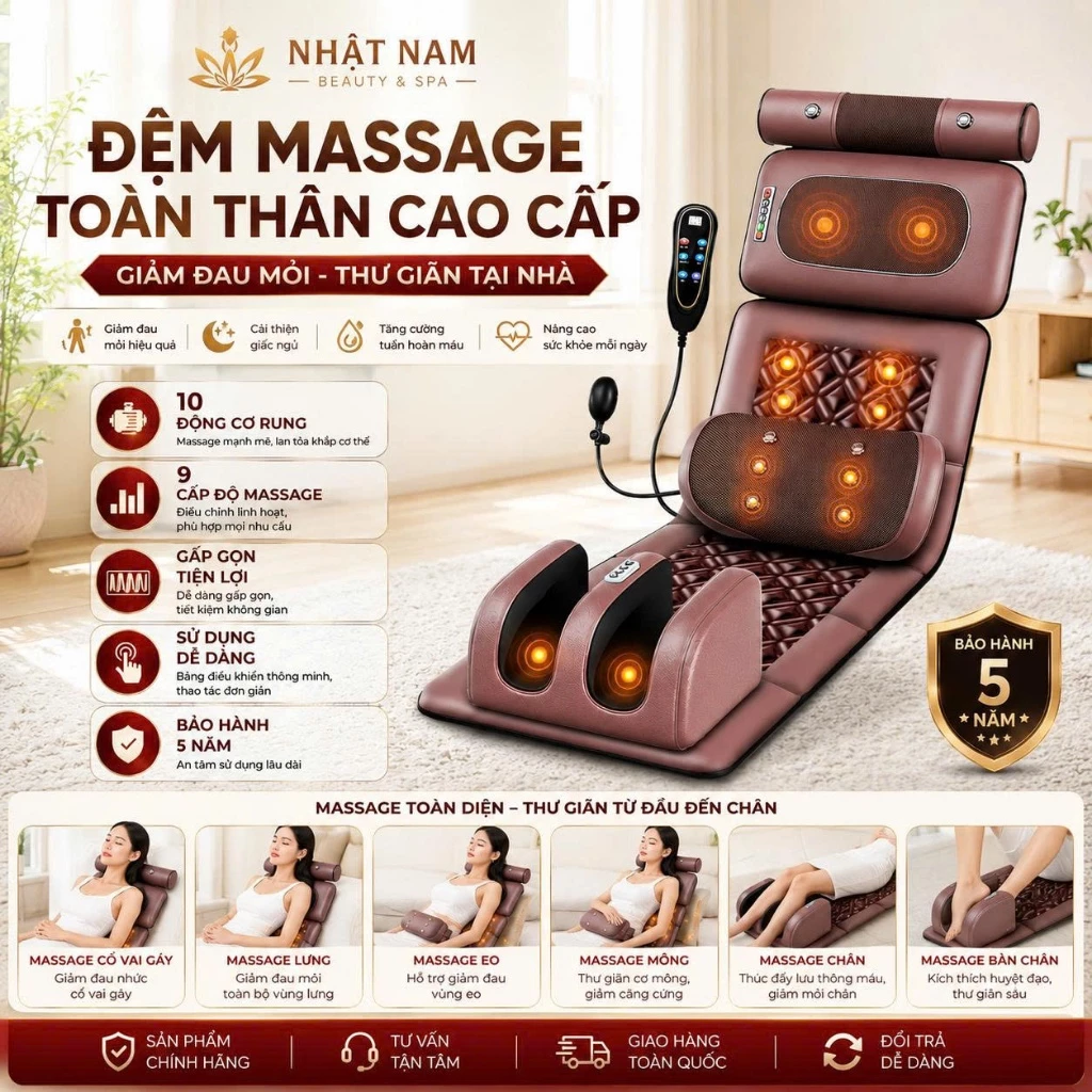 Đệm Massage Toàn Thân Cao Cấp, Nệm Mát Xa Toàn Thân 10 Động Cơ Rung, 9 Cấp Độ Massage Giúp Giảm Đau Thư Giãn Cơ Thể