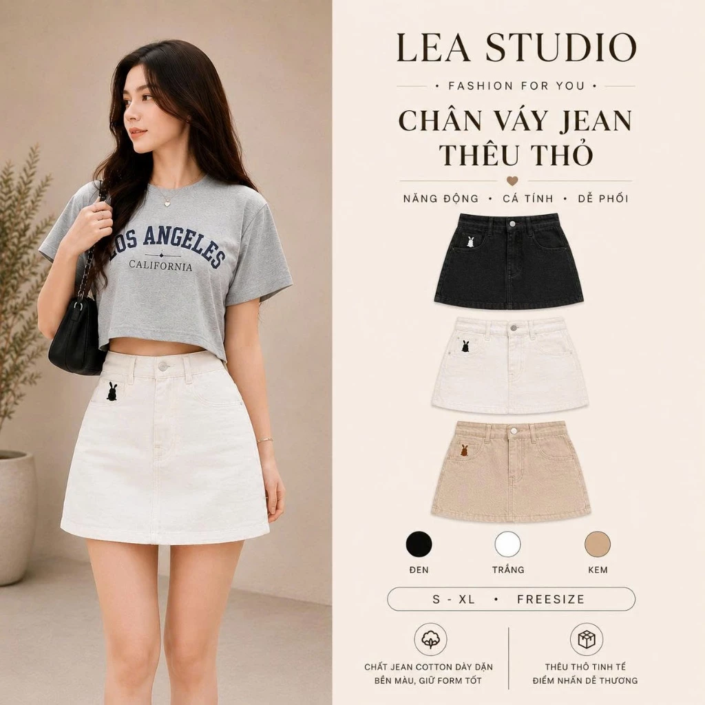 Chân váy chữ A Jeans thêu họa tiết thỏ đáng yêu dáng ôm tôn dáng, Váy liền quần chất Jeans mềm mại Lea Studio