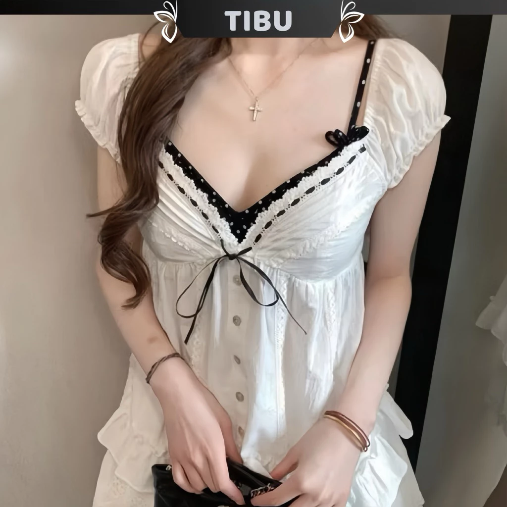 TIBU - Set Áo Kiểu Nữ Phối Bra Chấm Bi Tay Phồng Viền Ren Cột Nơ Xinh Xắn Đi Chơi Dạo Phố Mùa Hè A727