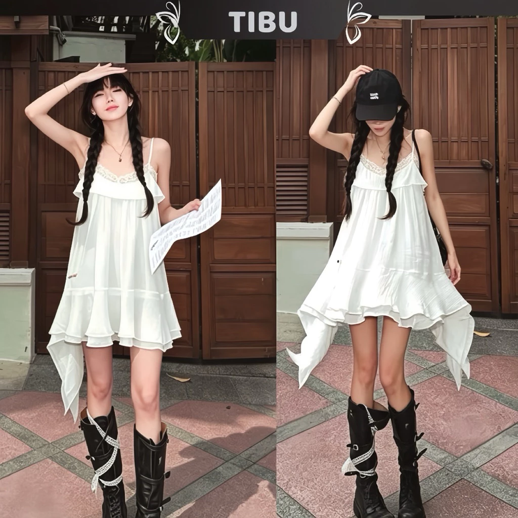 TIBU - Đầm Babydoll Hai Dây Dáng Xoè Tua Rua Nhún Ngực Xinh Xắn Đáng Yêu Dễ Mặc Đi Chơi Dạo Phố Mùa Hè D741