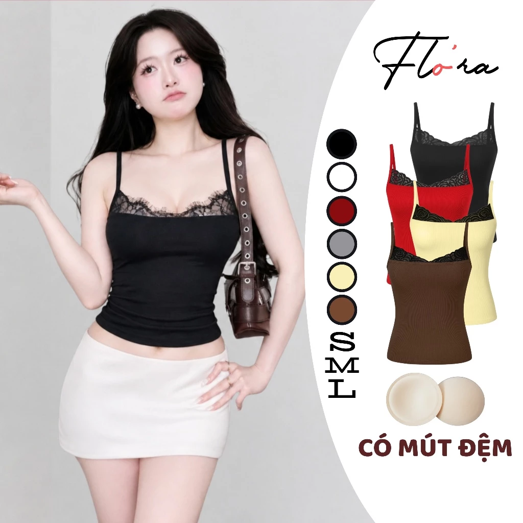 [KÈM MÚT] Áo Thun Nữ Ôm Body Croptop HAI DÂY REN NGỰC Thun Gân CR16, Áo 2d Co Giãn Tôn Dáng Flo'ra