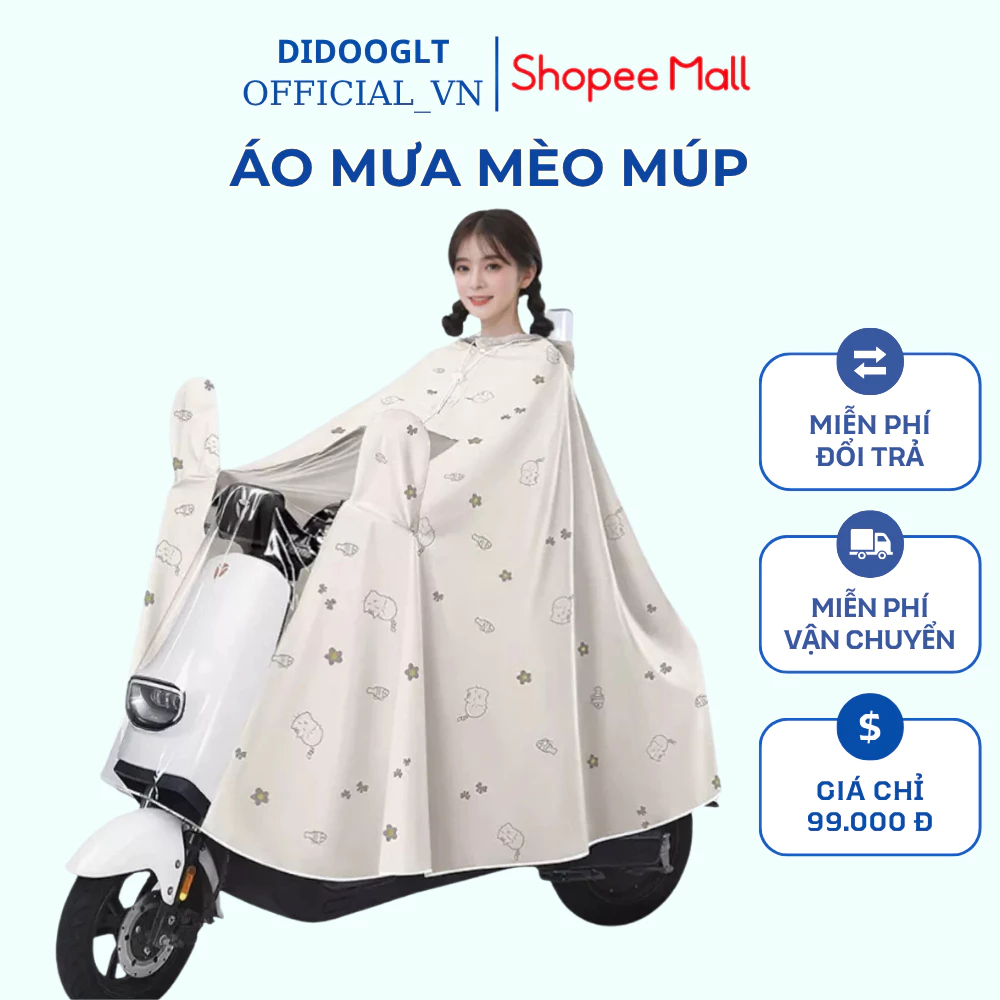 Áo Mưa Choàng Hoạ Tiết Mèo Múp Didooglt Áo Mưa Chùm Đi Xe Máy Có Tai Che Gương 2 Bên