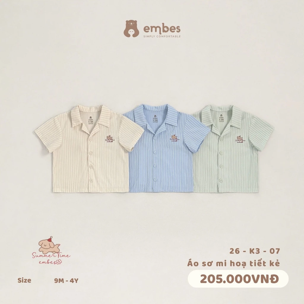 Áo Sơ Mi Cho Bé Embes, Áo Sơ Mi Cộc Tay Hẻ In Họa Tiết Cho Bé Trai Bé Gái Size Từ 8-17Kg