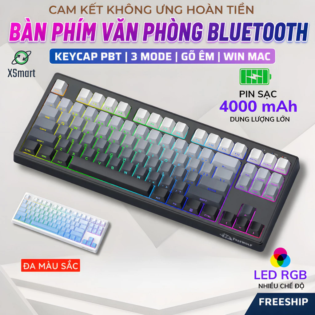Bàn Phím Văn Phòng Không Dây FreeWolf M87 V2 Silent 3 Chế Độ, Pin 4000mAh, LED RGB, Keycap PBT Gõ Êm