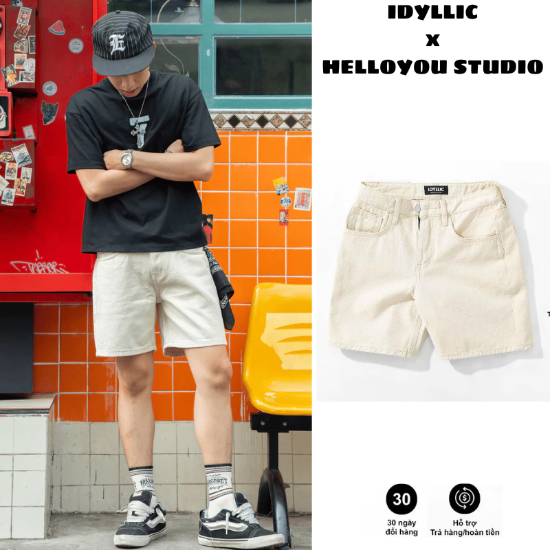 Quần Short Kaki Jean Nam Màu Be Form Suông Chất Liệu Thoáng Mát Phong Cách Mùa Hè Năng Động IDYLLIC