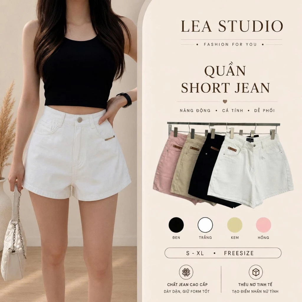 Quần Short Jeans Lưng Cao Basic, Quần Short Nữ Chữ A Denim Co Dãn Cao Cấp 3 màu Trắng Be Hồng Đen - Lea Studio