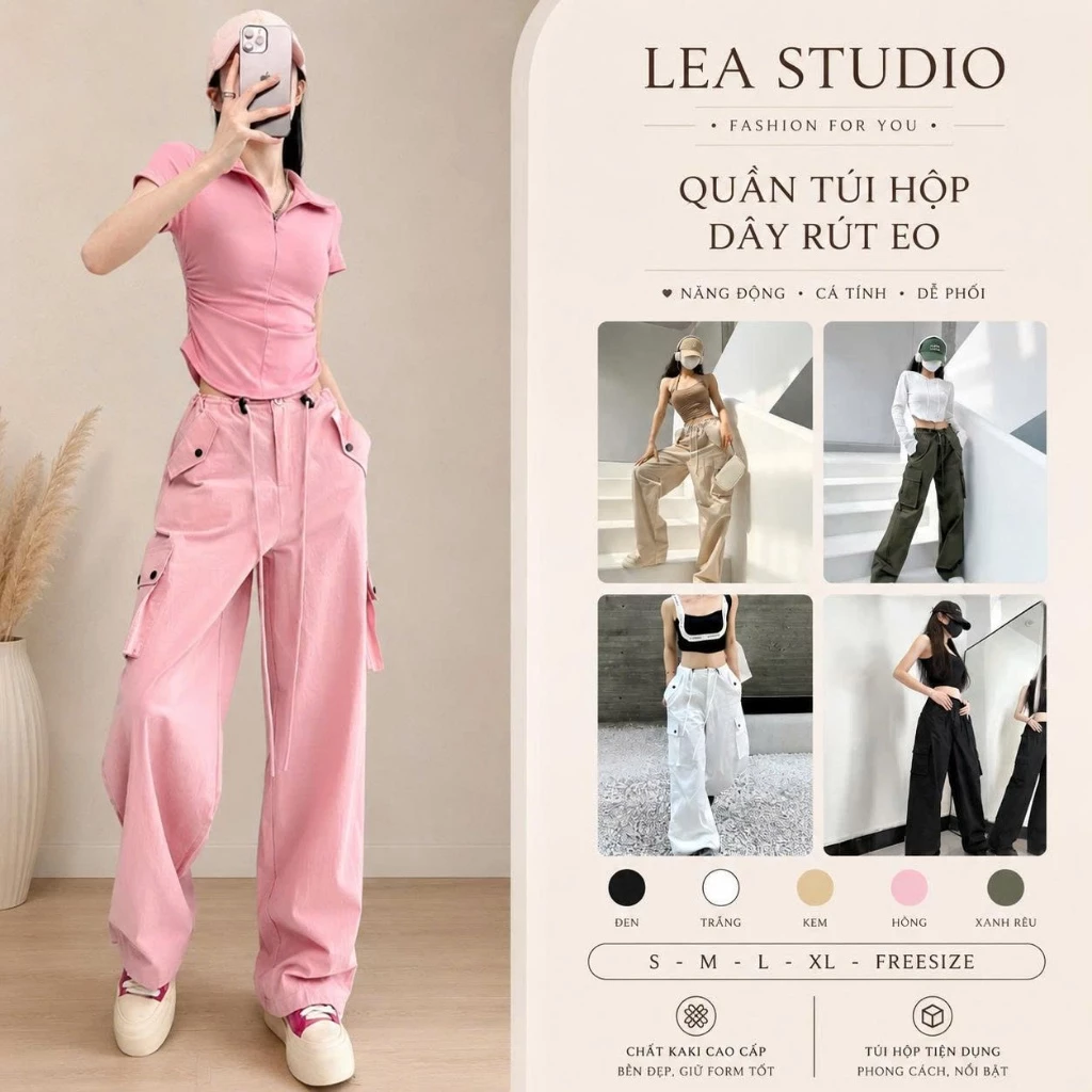 [XẢ HÀNG] Quần túi hộp nữ ống rộng dây rút eo dáng suông phong cách Y2K cá tính- Quần Cargo pants nhiều màu - Lea.studio