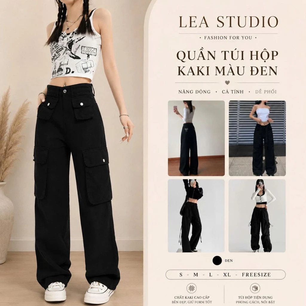 Quần kaki Cargo ROCKY màu ĐEN dài suông ống rộng túi hộp trơn form nam nữ unisex style Ulzzang - Lea.studio