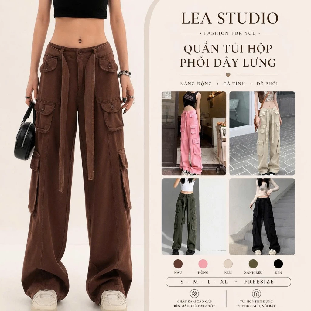 Quần Dài Túi Hộp Ống Rộng Kaki Cotton Xưởng Jean 8 Túi phối dây lưng Cạp Cao Nam Nữ Unisex - Lea.studio