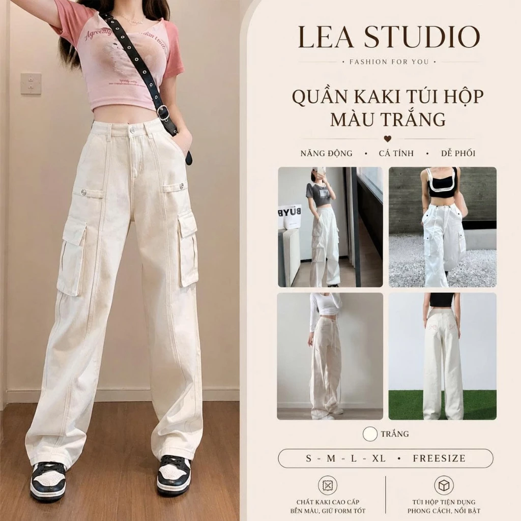 Quần Kaki Túi Hộp Ống Suông Lưng Cao Phong Cách, Quần hộp nữ MÀU TRẮNG cá tính - Lea.studio