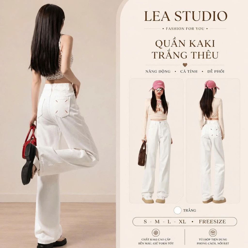 Quần kaki nữ ống rộng cạp cao, quần suông màu trắng cho nữ, thêu 4 gạch có túi - Lea.studio