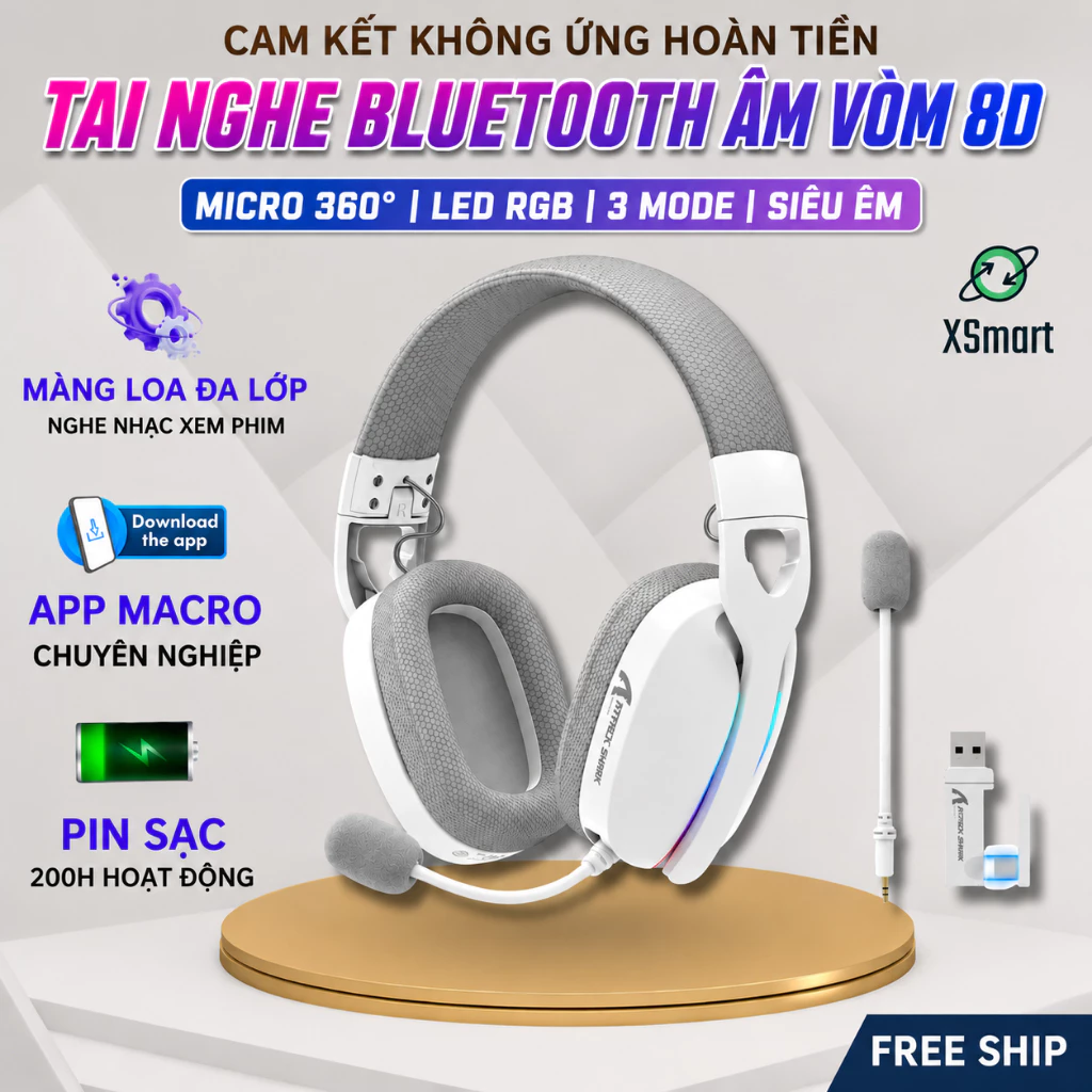Tai Nghe Gaming Chụp Tai Không Dây Attack Shark L90 LED RGB Micro, Bluetooth 5.3, App Macro, Pin Sạc