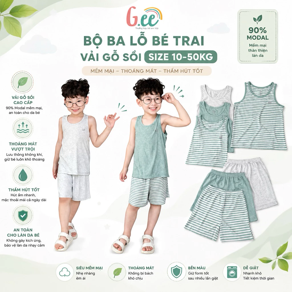 Bộ Ba Lỗ Sát Nách Bé Trai Gee, Đồ Bộ Mặc Hè, Quần Áo Trẻ Em, Vải Sợi Sồi Mềm Mịn, Thoáng Mát, Thấm Hút , Có Size Đại