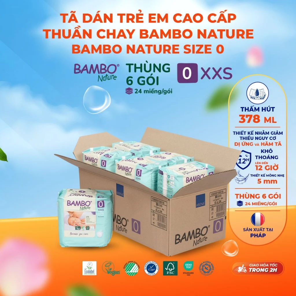 Thùng Tã Dán Trẻ Em Cao Cấp Thuần Chay Bambo Nature Mỏng Nhẹ Thoáng Khí Cho Bé Sơ Sinh Nhập Khẩu Đan Mạch