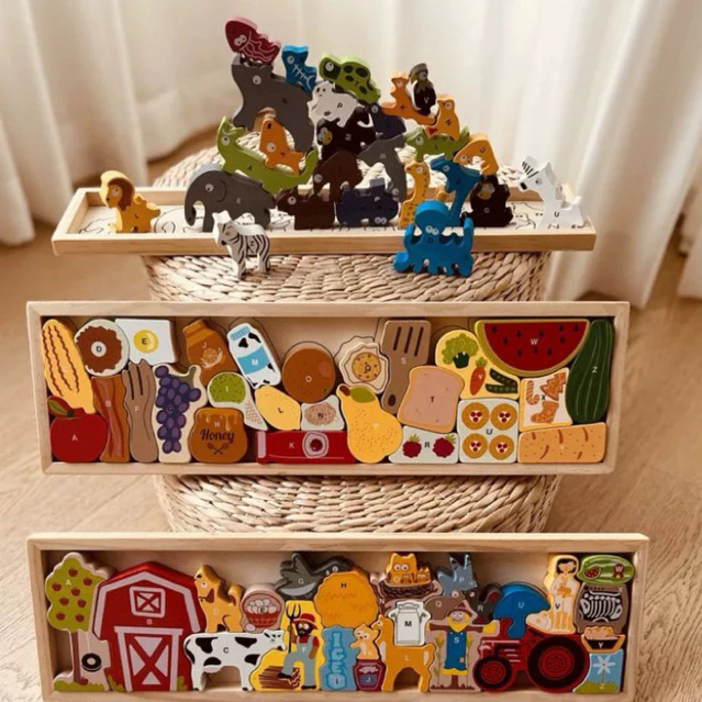 Bộ Xếp Hình Gỗ Montessori Cho Bé, Đồ Chơi Gỗ Giáo Dục Thông Minh Tiệm Nhà Mía, Ghép Hình Xếp Chồng Phân Loại Màu Sắc