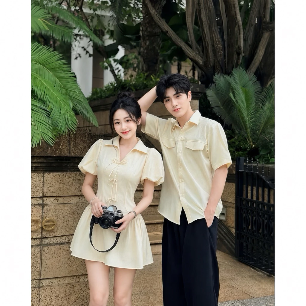(S - 92) Set đồ đôi nam nữ couple váy nữ chiết eo phối nơ và áo sơmi nam phối túi chất chéo hàn, đồ đôi nam nữ
