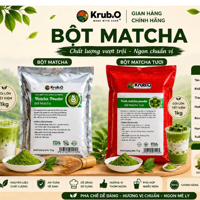 [Chính hãng] Bột matcha, Matcha tươi Krub.O thơm đậm vị pha trà sữa - túi 1kg thùng 15 túi