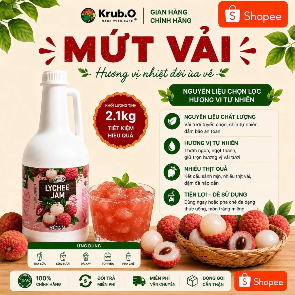 [Chính hãng] Mứt Vải Quế Hoa Krub.O có sốt và thịt quả  - can 2.1kg thùng 6 can