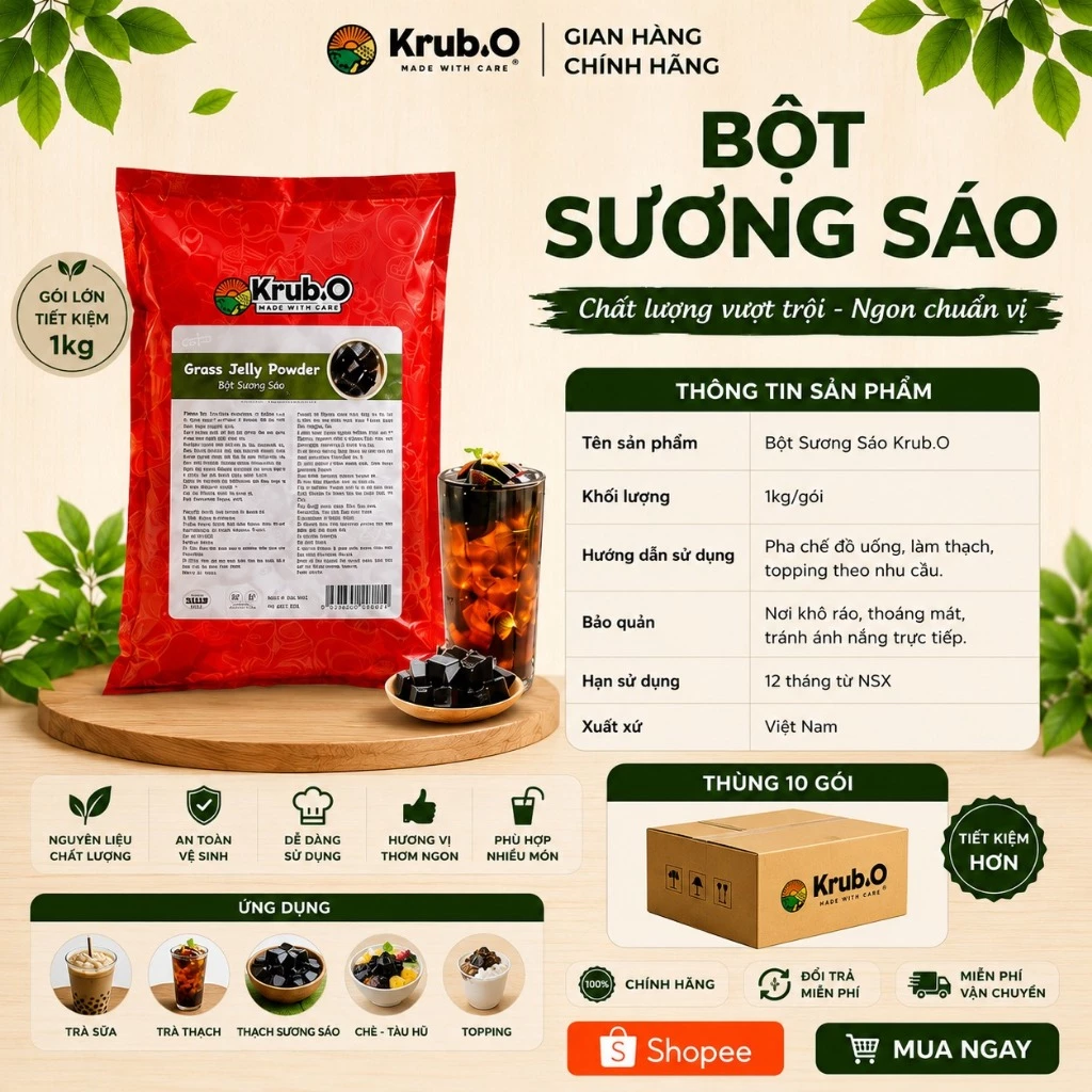 [Chính hãng] Bột sương sáo, Bột Trái cây Krub.O  - thương hiệu Việt gói 1kg thùng 10 gói