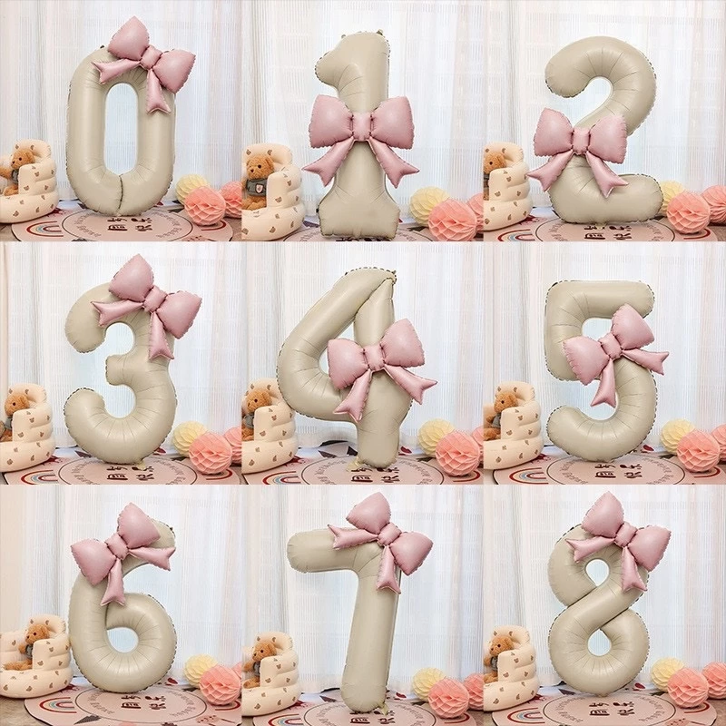 Set bóng số tuổi gắn nơ hồng xinh xắn - set bóng cho bé gái sinh nhật theo tuổi màu hồng , màu kem kèm hình trái tim