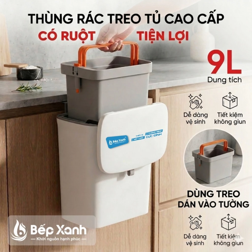Thùng rác treo tủ bếp 9L, thùng rác nắp lật nắp đậy thông minh nhựa PP cao cấp (có ruột & quai xách) Bếp Xanh BX-PTC3600