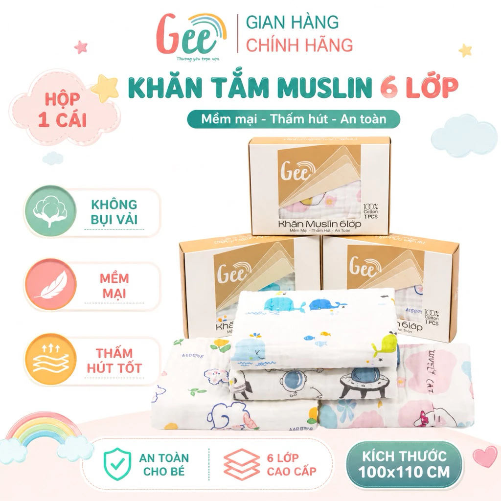 Khăn tắm muslin 6 lớp Gee 110x100cm, vải cotton hữu cơ mềm mại cho bé sơ sinh | khăn quấn, khăn lau, chăn đắp đa năng