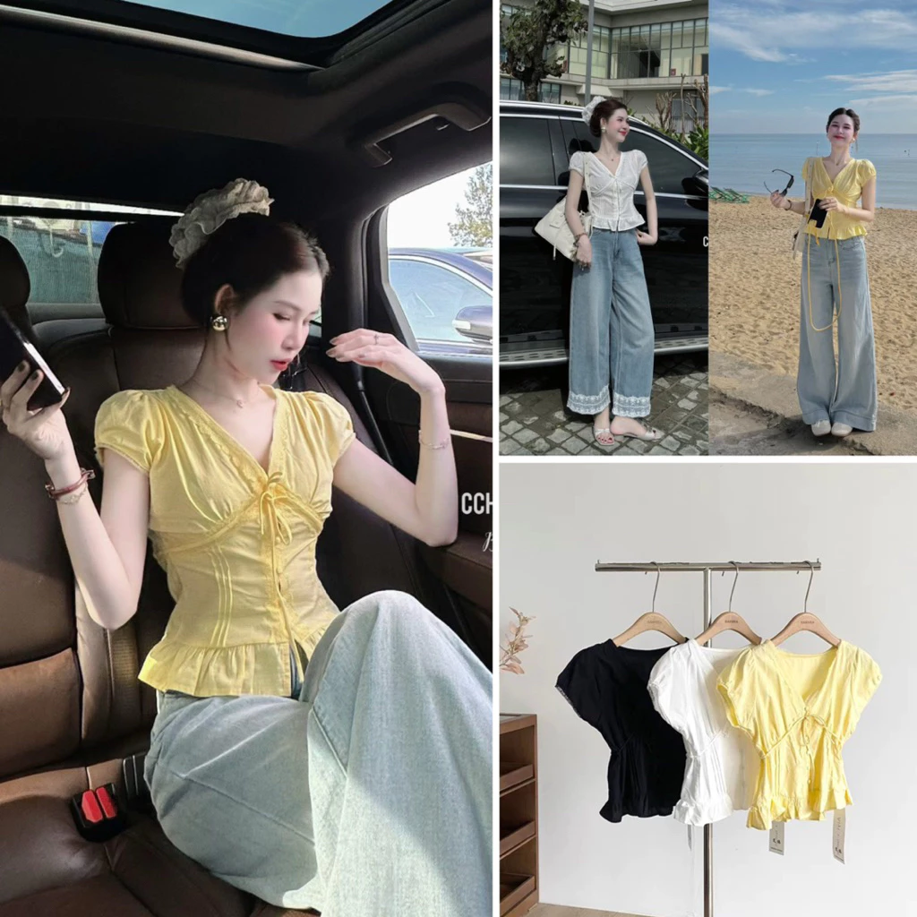 Áo Sơ Mi Đũi Cổ Tim Phối Ren Có Nơ Dáng Babydoll, Áo Sơ Mi Nữ Kiểu Xinh Style Hàn Quốc New Hot M119