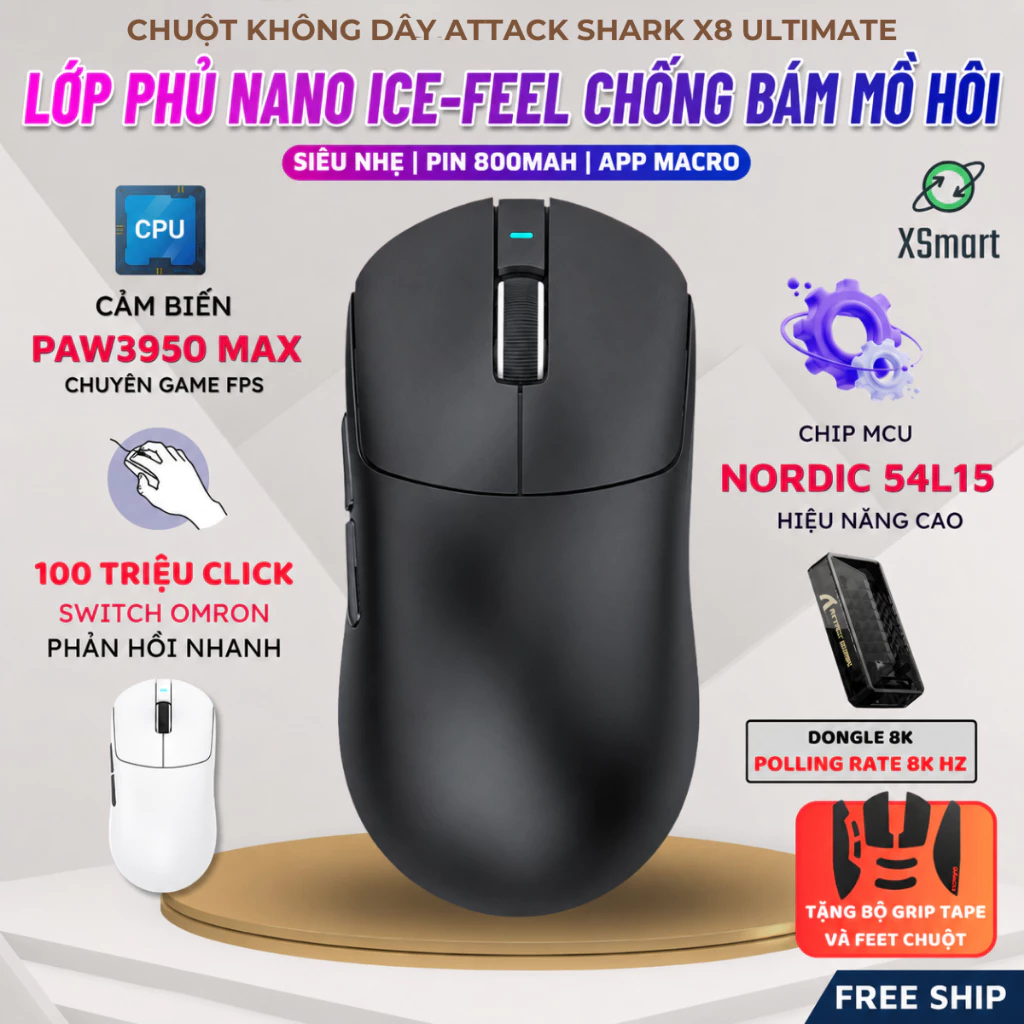 Chuột Không Dây Gaming Attack Shark X8 Ultimate Cảm Biến PAW3950MAX, Pin Sạc, Dongle 8K, App Macro
