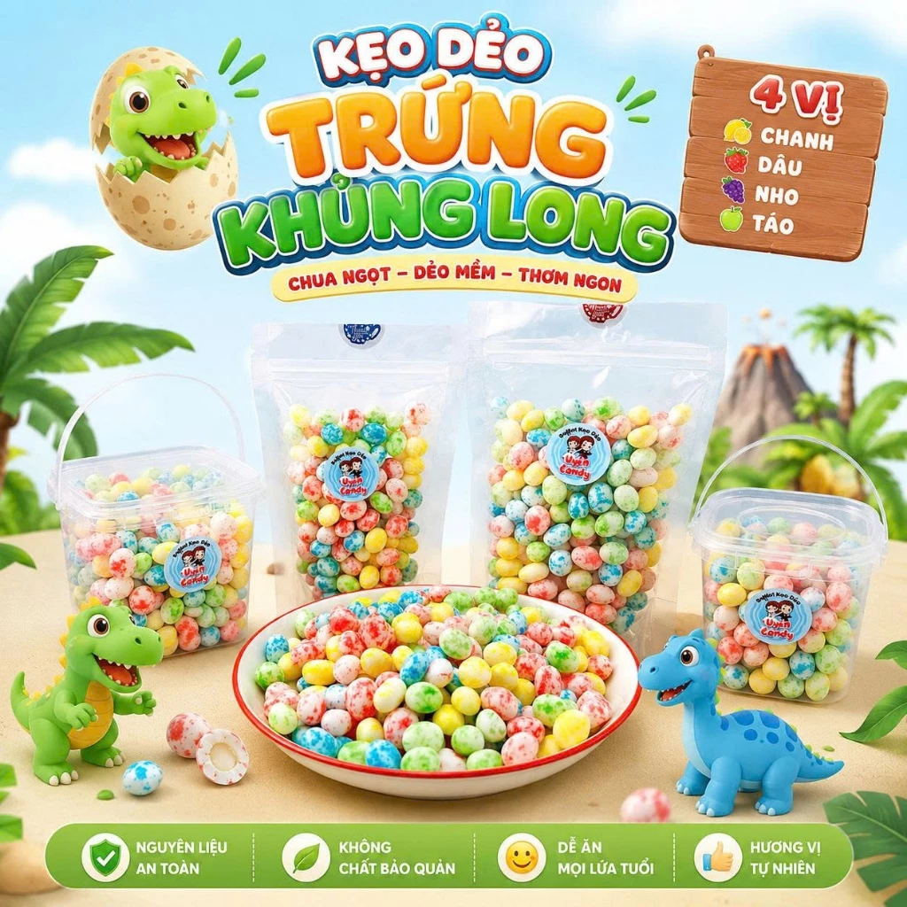 Kẹo Dẻo Trứng Khủng Long, Mix 4 Vị Chanh, Dâu, Nho, Táo, Chua Nhẹ, Dễ Ăn, Ăn Vặt Siêu Ngon