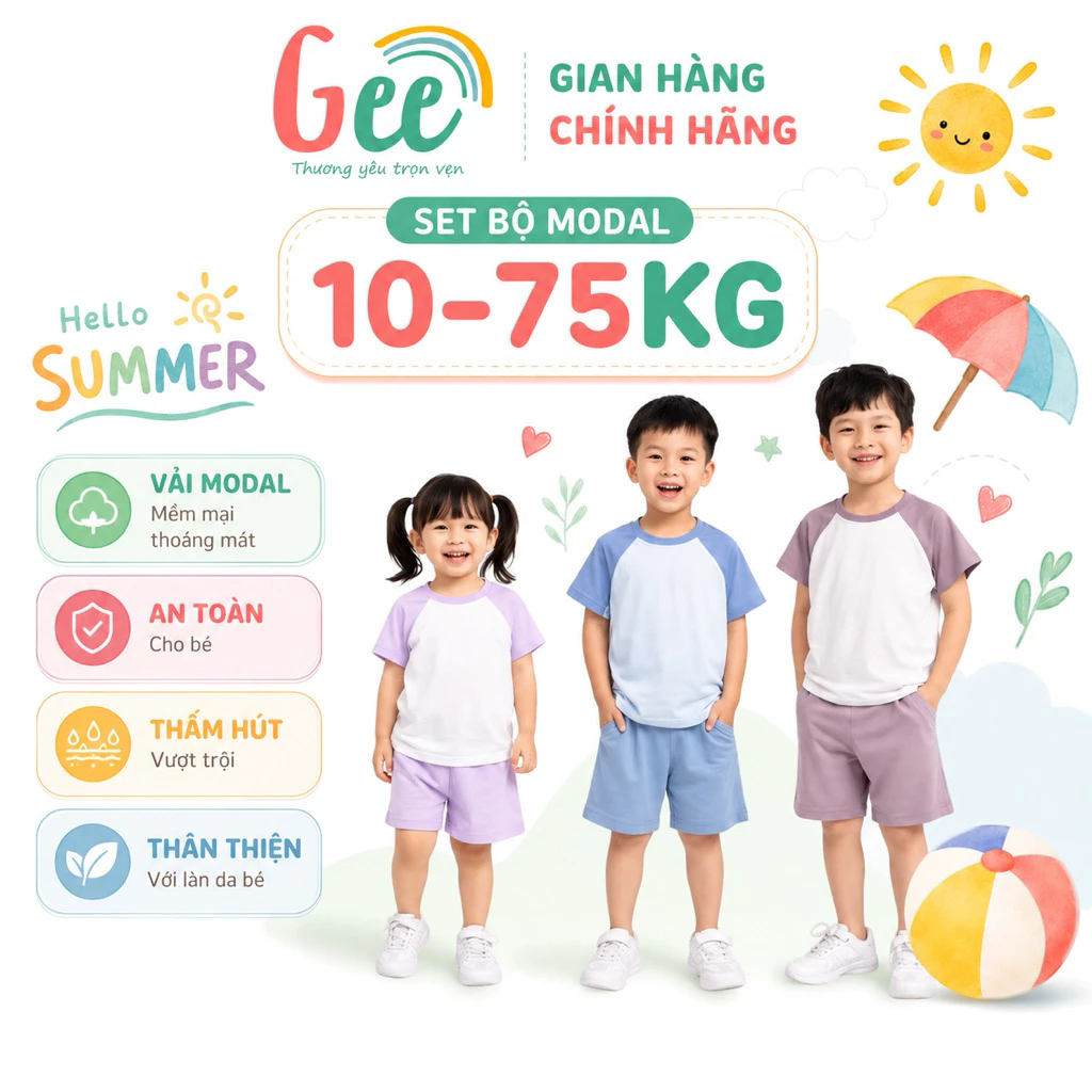 Bộ quần áo mặc hè cho bé trai, bé gái Gee, đồ bộ modal size 10-75kg, mềm mại, thoáng mát, co giãn tốt