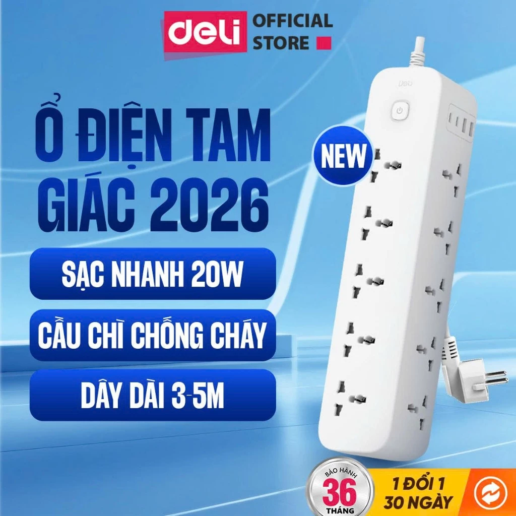 Ổ Cắm Điện Tam Giác DELI Sạc Nhanh PD20W 6-10 Ổ 3-5m USB Type Ổ Cắm Đa Năng Chống Giật An Toàn
