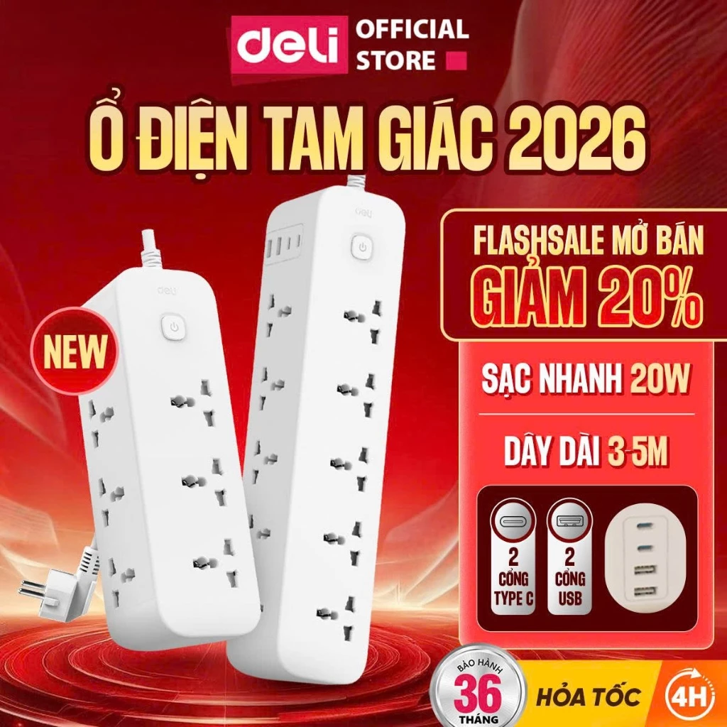 [Hỏa Tốc] Ổ Cắm Điện Tam Giác DELI 2026 Chịu Tải 2500W Ổ Đa Năng Dây Dài 3-5m Cổng USB Chống Cháy Chống Giật