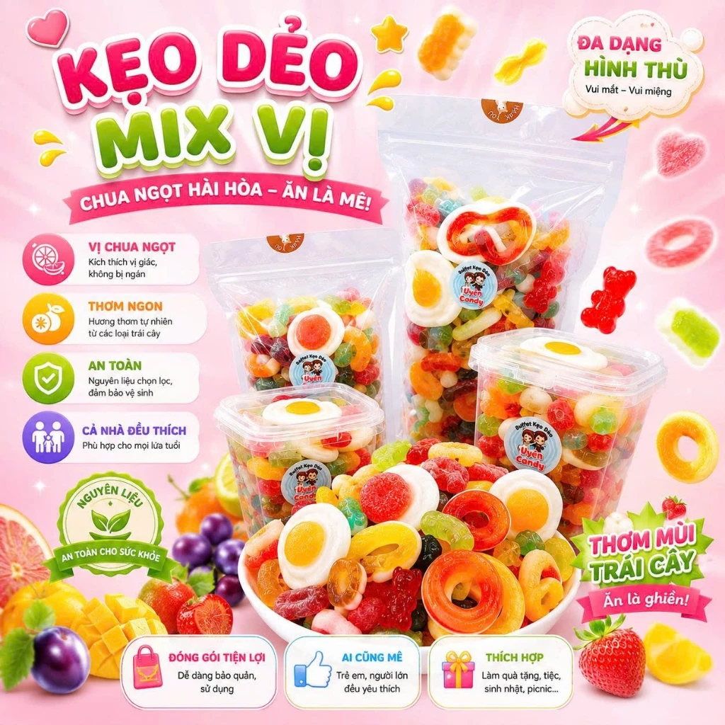 Kẹo Dẻo Mix Vị, Kẹo 4D Có Nhân, Vị Trái Cây-Nước Ngọt, Mix Thập Cẩm, Mã Kẹo Thay Đổi Liên Tục