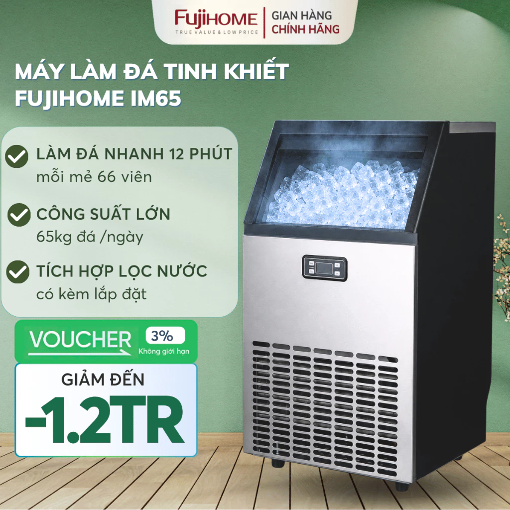 Máy làm đá viên tự động 65kg/ngày IM65 Nhập Khẩu FUJIHOME, máy sản xuất đá công suất lớn công nghiệp