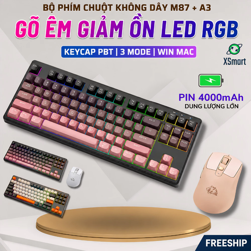 Bộ Bàn Phím Và Chuột Bluetooth FreeWolf M87 LED Pro Gõ Êm Giảm Ồn, Pin Sạc, 2 Mode Cho Pc Laptop
