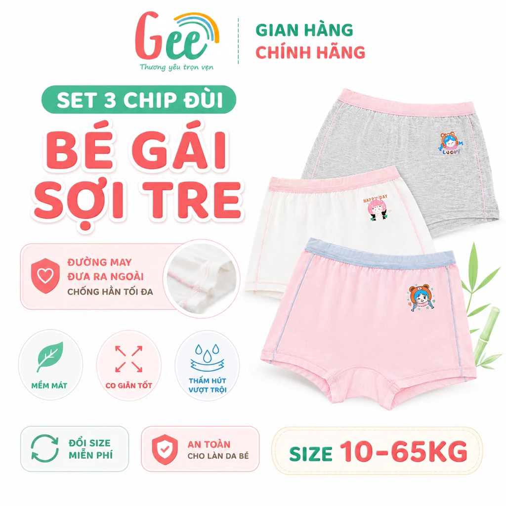 Set 3 quần chip bé gái Gee BABY GIRL sợi tre, size 10-65kg, êm ái, chống hằn, mềm mát, an toàn