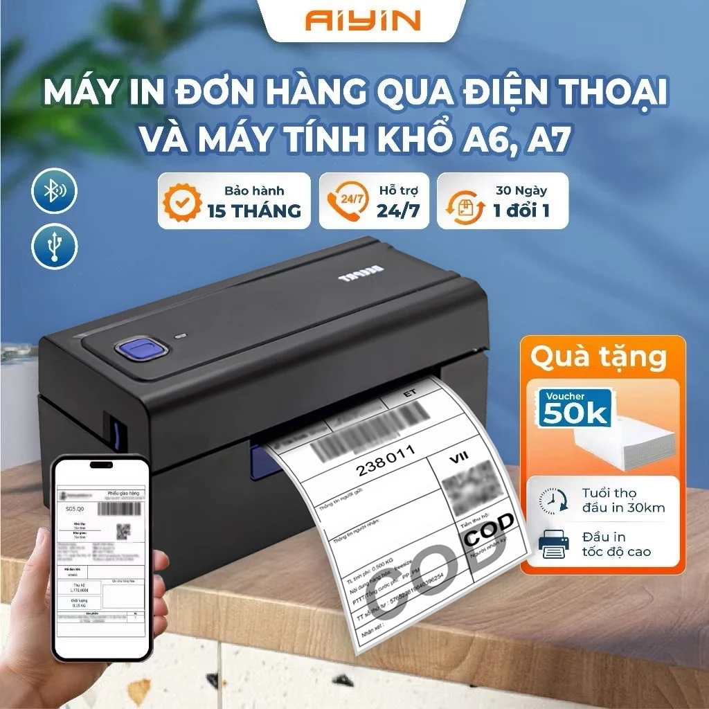 Máy In Đơn Hàng AYIN Khổ A6,A7 In Đơn Từ Điện Thoại Máy Tính, In Đơn Sàn TMĐT, In Đơn Shopee, Mã Vận Đơn-BH 15 Tháng