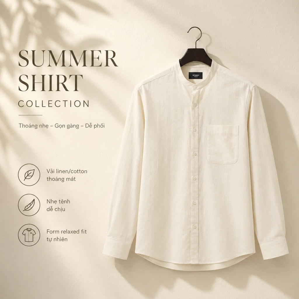 Áo sơ mi nam ROWAY vải linen cotton thoáng mát, form regular | dài tay cổ trụ ver2