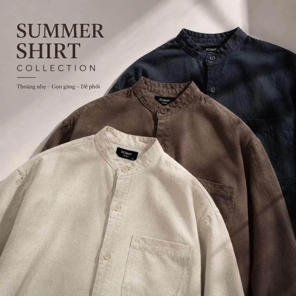 Áo sơ mi nam ROWAY PREMIUM vải cotton linen | dài tay cổ trụ ver2