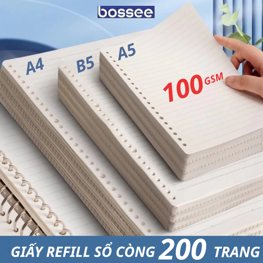 Ruột Sổ Còng Giấy Refill Sổ Còng 100Gsm Bossee 200 Trang Kẻ Ngang/ Caro/ Dot Grid A5 B5 A4