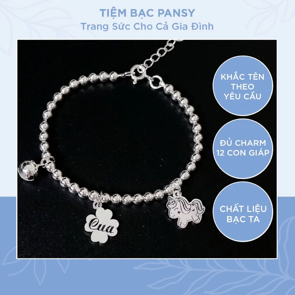 Vòng lắc bạc ta cho bé PANSY dạng chuỗi bi treo có 4 lá có khắc tên theo yêu cầu