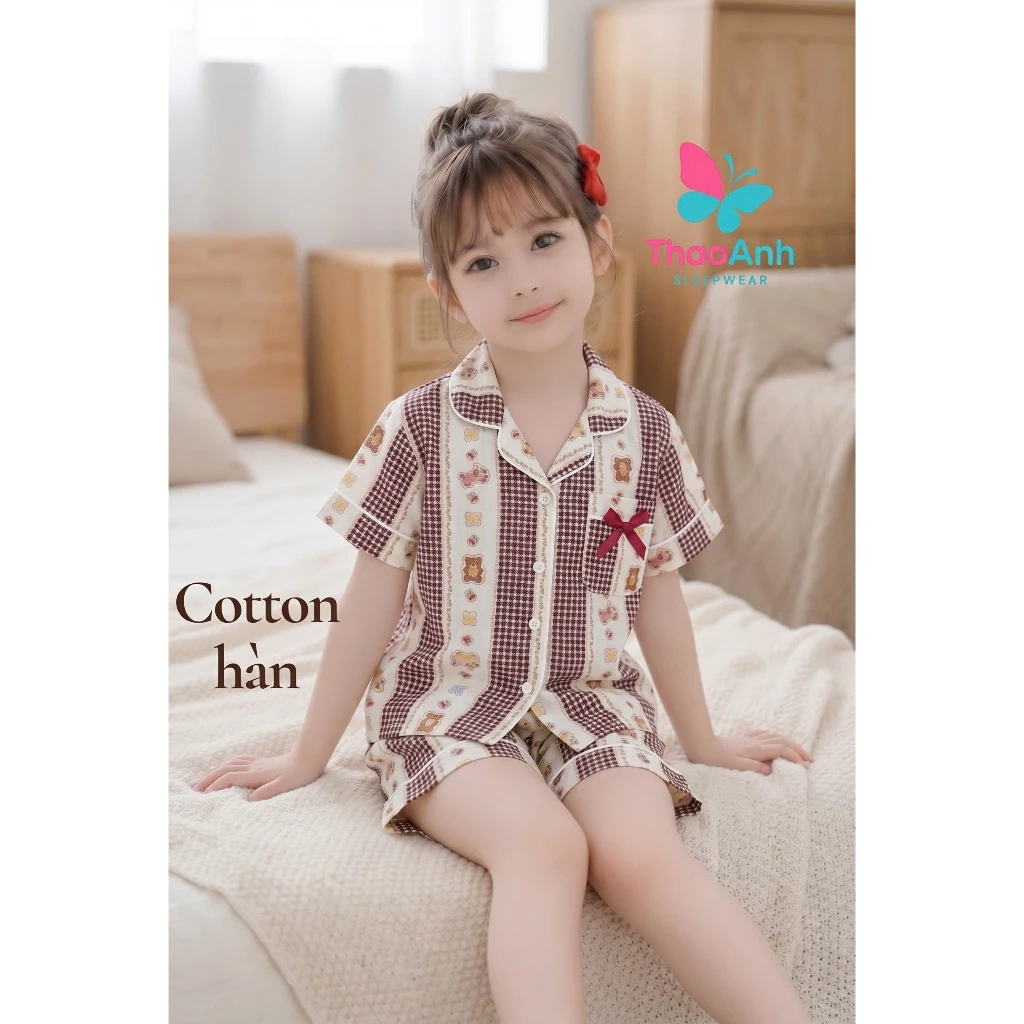 Bộ pijama bé gái vải cotton hàn ngắn tay họa tiết dễ thương kèm nơ siêu xinh, chất liệu thoáng mát, đủ size 10-60kg